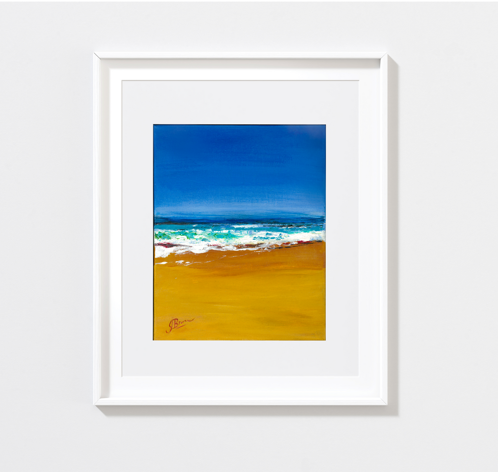 8x10 ocean abstract bright blue sky and orange of the sand is contrasted boldy with white surf and touches of green mixed in  