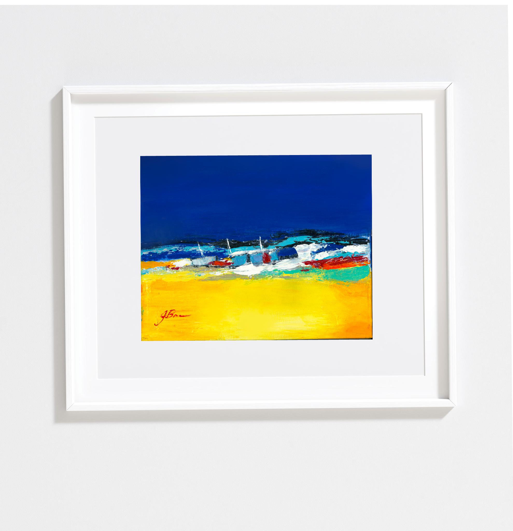 8x10 Reproduction of hand painted Acrylic abstract painting of the ocean. Bright bold blues and yellows with touches of turquoise give this a sunny tropical feel Frame not included