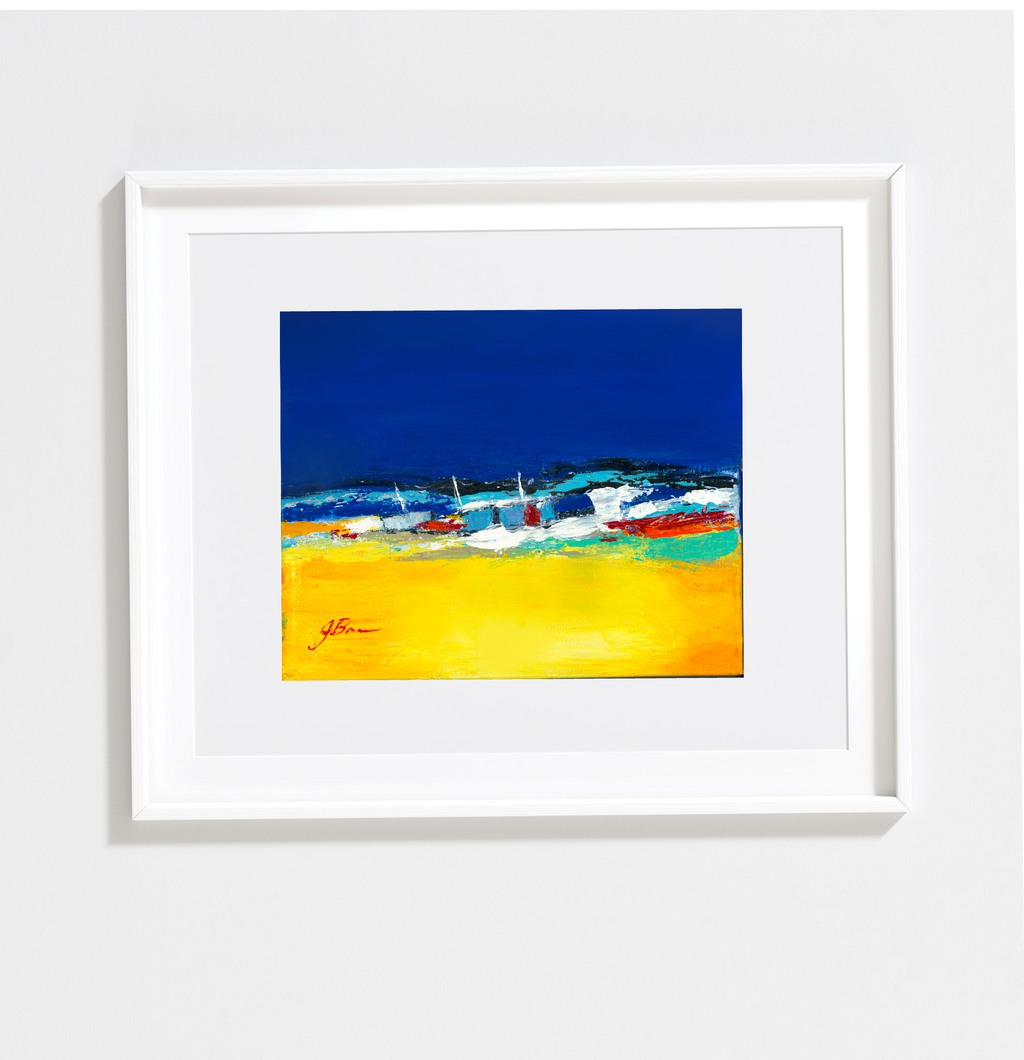 8x10 Reproduction of hand painted Acrylic abstract painting of the ocean. Bright bold blues and yellows with touches of turquoise give this a sunny tropical feel Frame not included