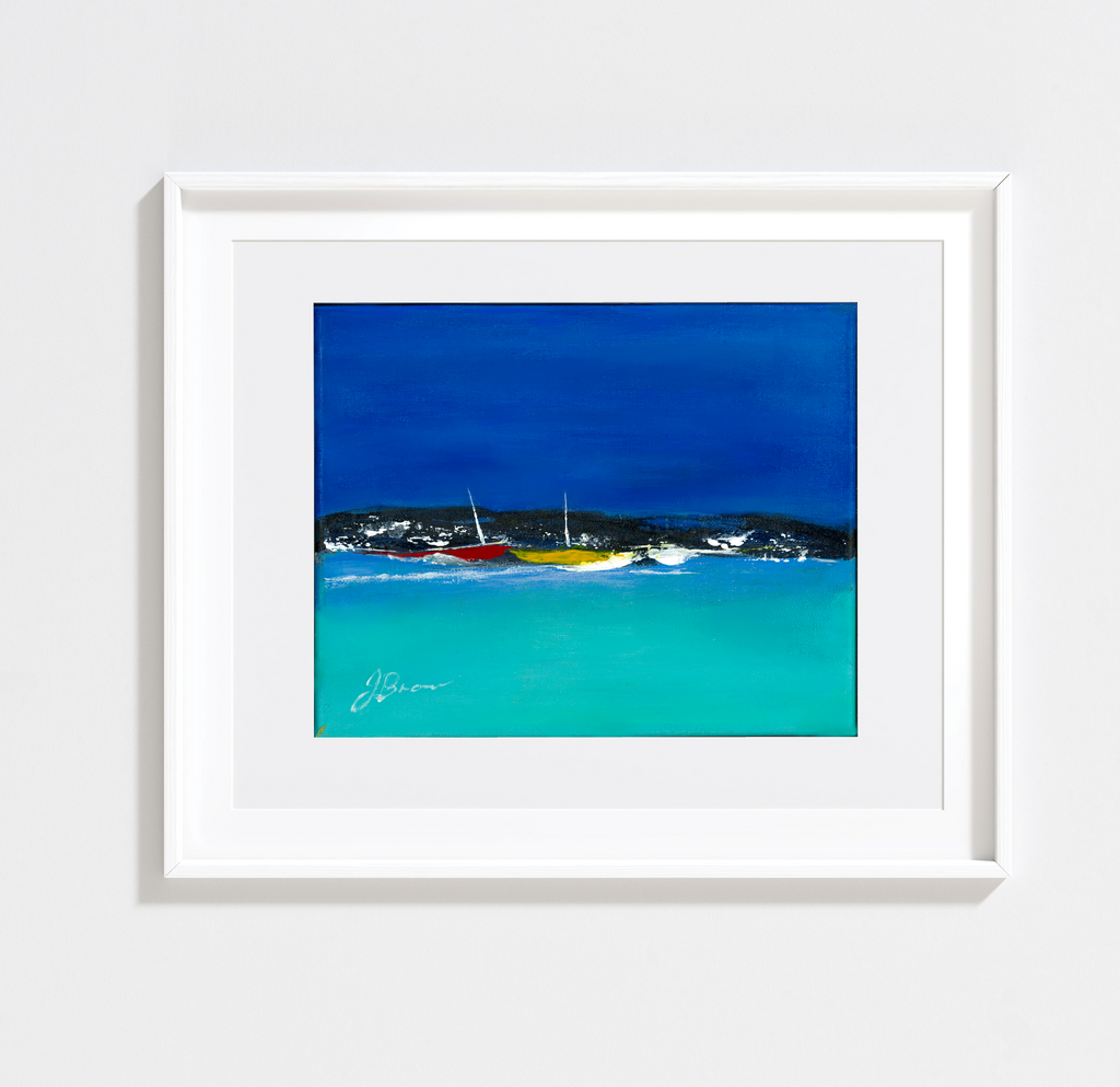 8x10 Reproduction of a hand painted Acrylic semi-abstract painting of boats on the water. Bright blue sky with turquoise water with black rocks and  faint touches of red and yellow sailboats  give this a sunny tropical summers day feel. Frame is NOT included