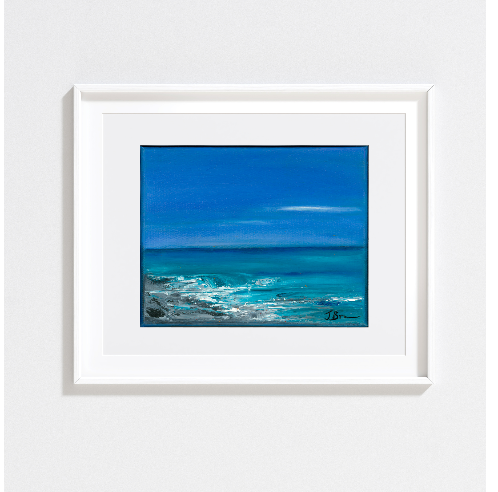 8x10 Reproduction of hand painted abstract oil painting of ocean.Bright Blue sky mingles with the blue of the ocean speckled with white surf and gray rocks. Frame not included